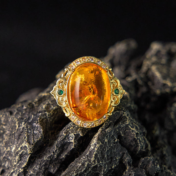 Buddha Stones Amber Flower Pigeon Egg Pattern Focus Ring - image 11