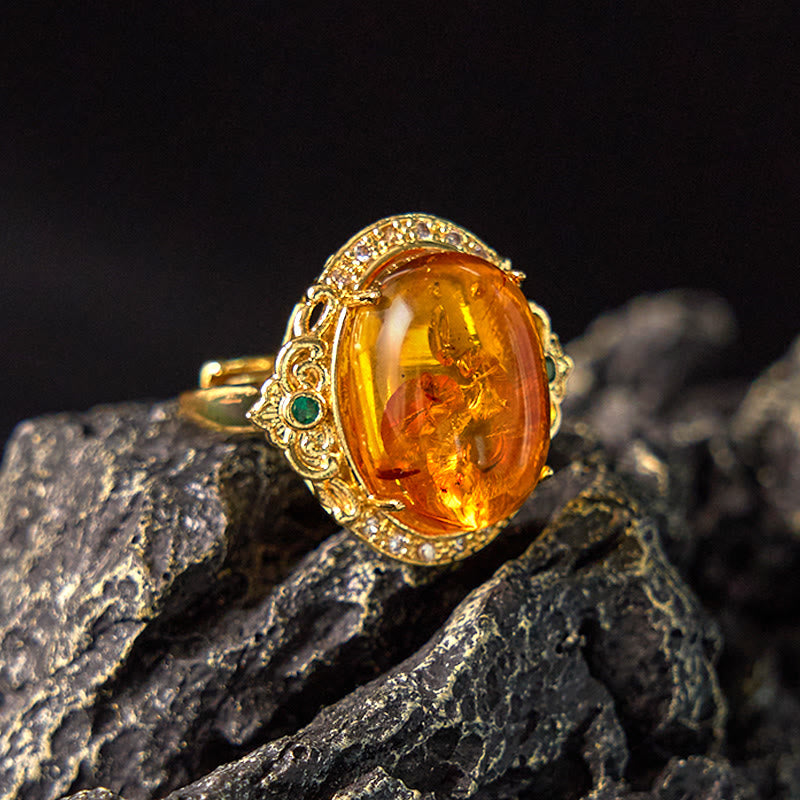 Buddha Stones Amber Flower Pigeon Egg Pattern Focus Ring - image 1