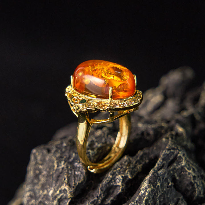 Buddha Stones Amber Flower Pigeon Egg Pattern Focus Ring - image 2
