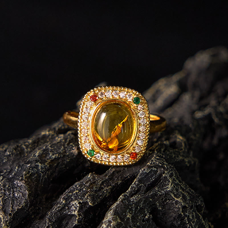 Buddha Stones Natural Amber Flower Square Support Full Diamond Confidence Ring - image 1