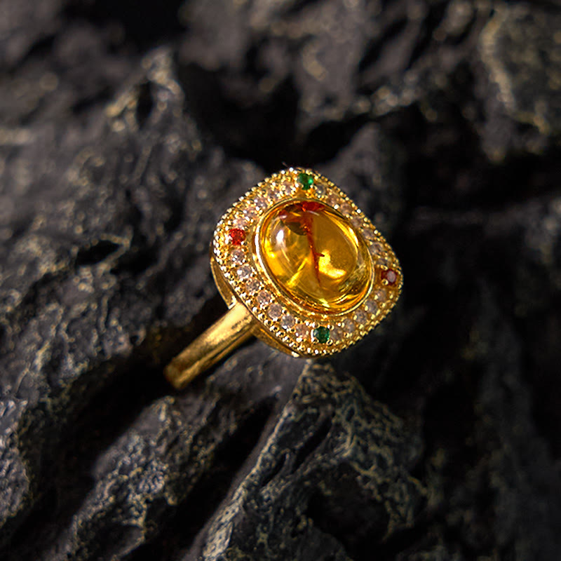 Buddha Stones Natural Amber Flower Square Support Full Diamond Confidence Ring - Amber(Inner Circumference: 58-62mm) - image 0