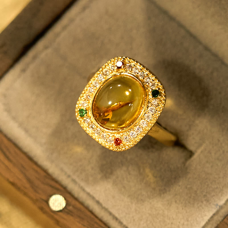 Buddha Stones Natural Amber Flower Square Support Full Diamond Confidence Ring - image 3
