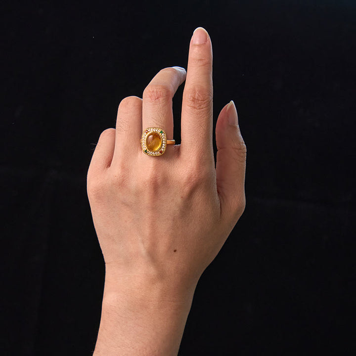 Buddha Stones Natural Amber Flower Square Support Full Diamond Confidence Ring - image 4
