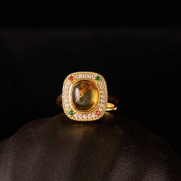 Buddha Stones Natural Amber Flower Square Support Full Diamond Confidence Ring - image 8
