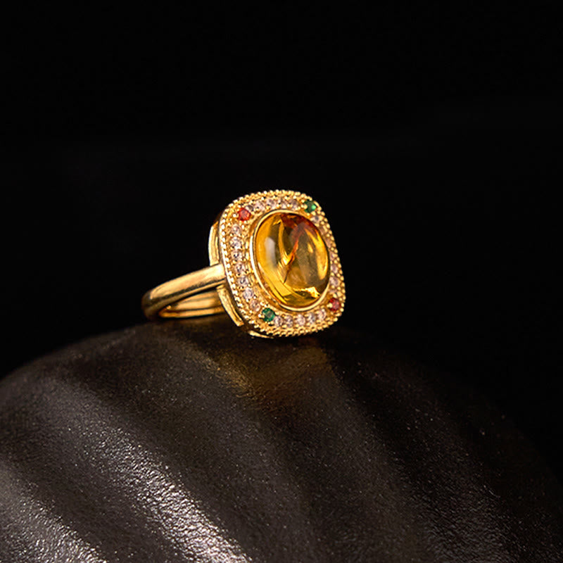 Buddha Stones Natural Amber Flower Square Support Full Diamond Confidence Ring - image 9