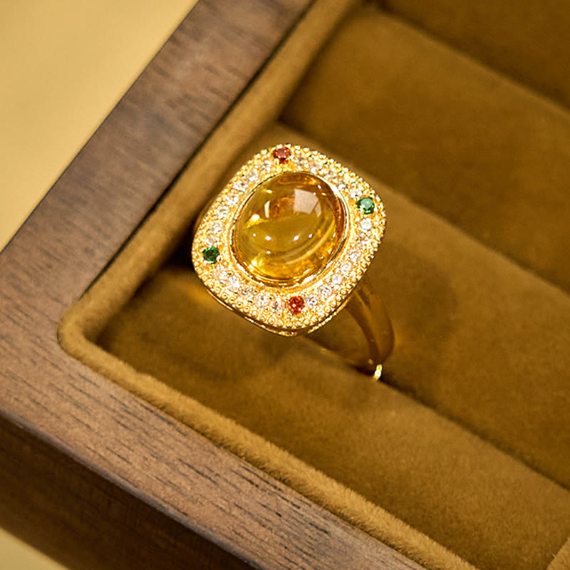 Buddha Stones Natural Amber Flower Square Support Full Diamond Confidence Ring - image 7