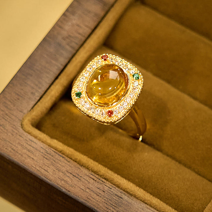 Buddha Stones Natural Amber Flower Square Support Full Diamond Confidence Ring - image 7