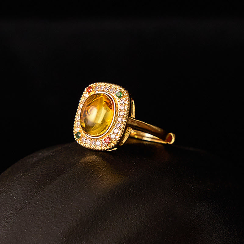 Buddha Stones Natural Amber Flower Square Support Full Diamond Confidence Ring - image 2