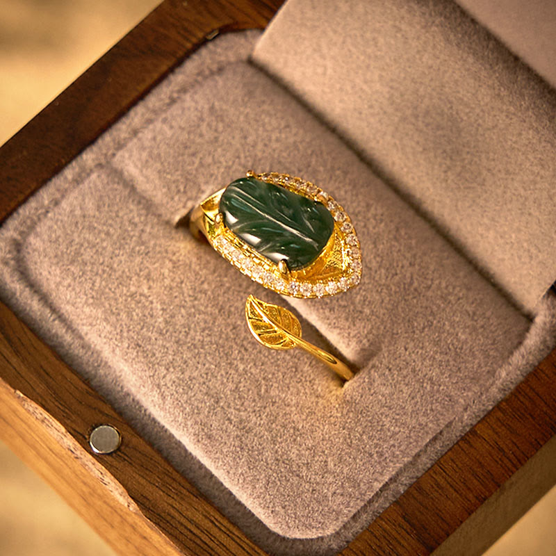 Buddha Stones Copper Plated Gold Natural Jade Leaf Prosperity Adjustable Ring - image 8