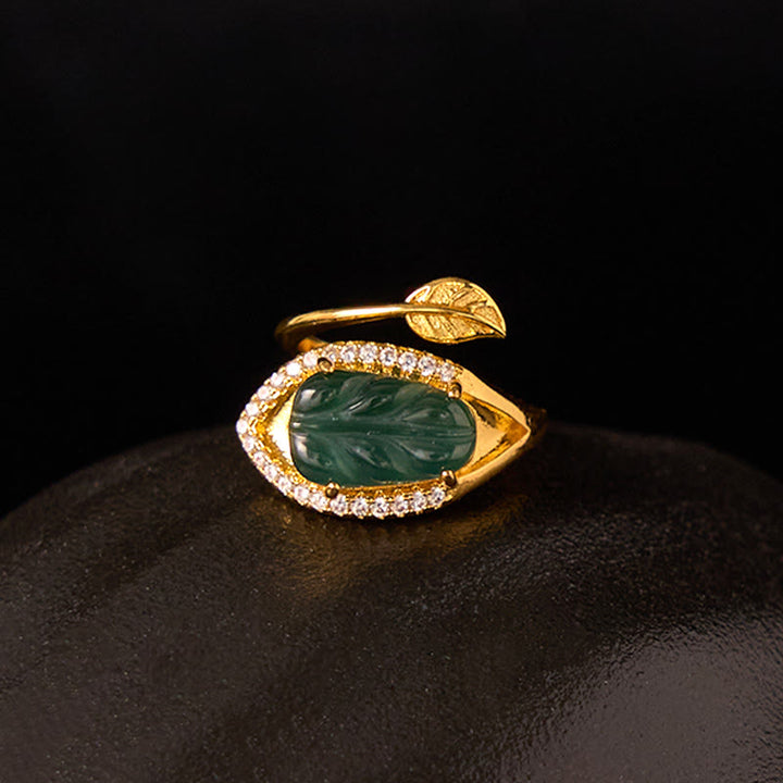 Buddha Stones Copper Plated Gold Natural Jade Leaf Prosperity Adjustable Ring - image 12