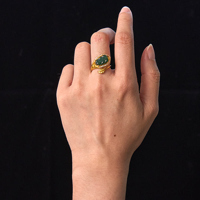 Buddha Stones Copper Plated Gold Natural Jade Leaf Prosperity Adjustable Ring - image 4