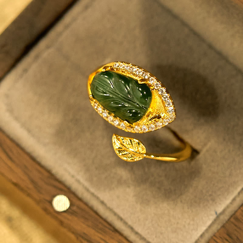 Buddha Stones Copper Plated Gold Natural Jade Leaf Prosperity Adjustable Ring - image 7