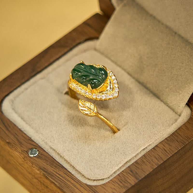 Buddha Stones Copper Plated Gold Natural Jade Leaf Prosperity Adjustable Ring - image 10