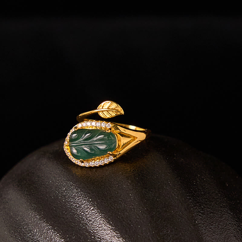 Buddha Stones Copper Plated Gold Natural Jade Leaf Prosperity Adjustable Ring - image 11