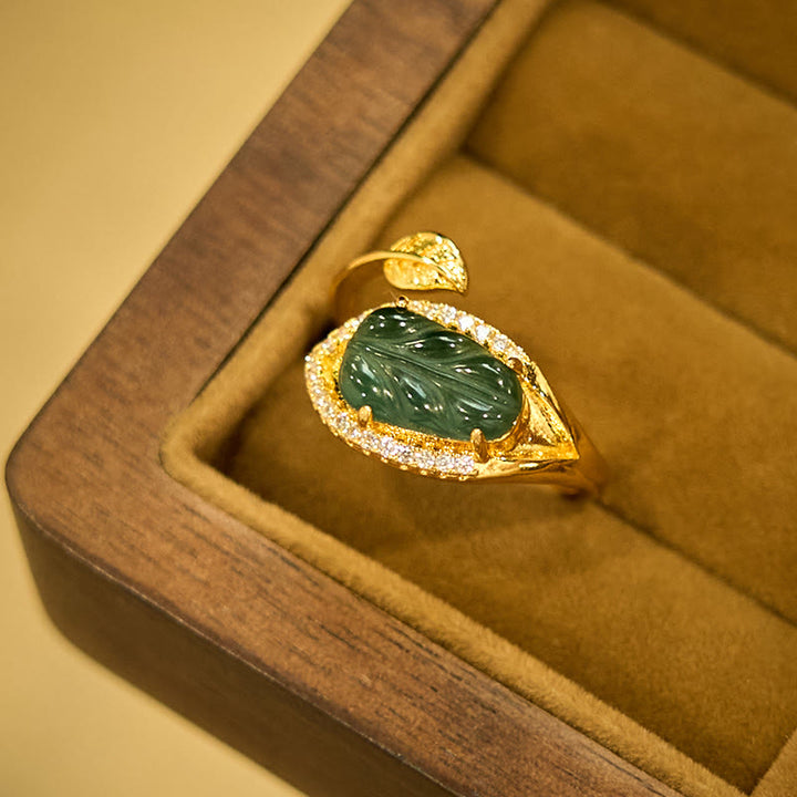 Buddha Stones Copper Plated Gold Natural Jade Leaf Prosperity Adjustable Ring - image 9