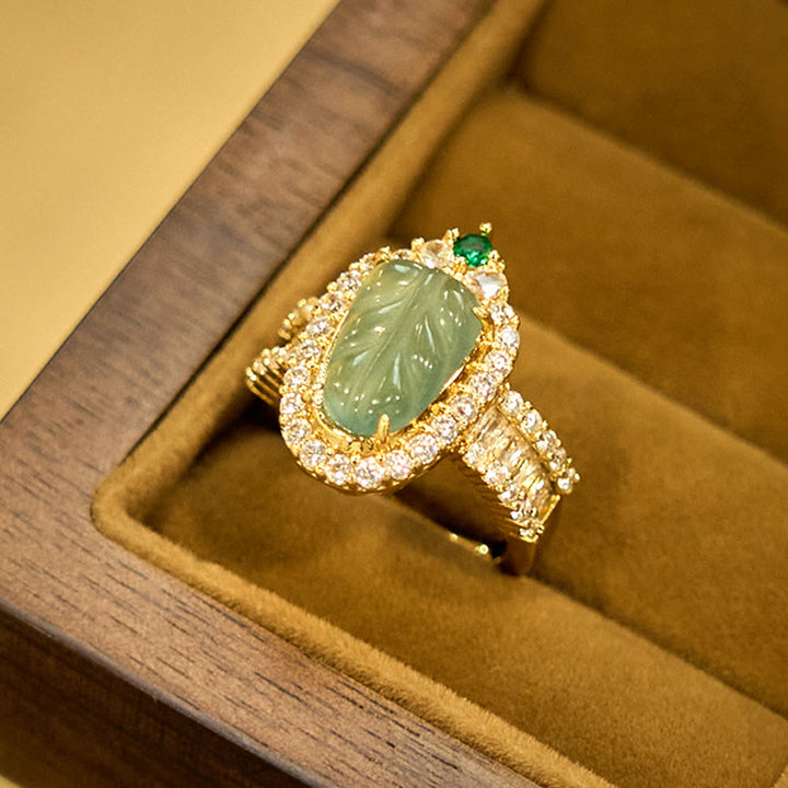 Buddha Stones Copper Plated Gold Natural Jade Leaf Full Diamond Luck Adjustable Ring - image 9