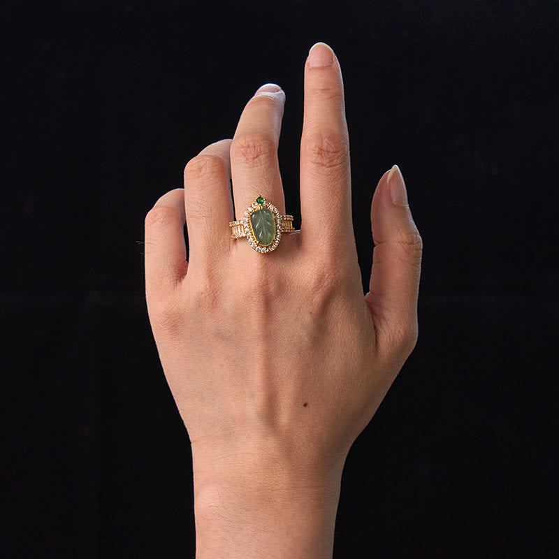 Buddha Stones Copper Plated Gold Natural Jade Leaf Full Diamond Luck Adjustable Ring - image 4