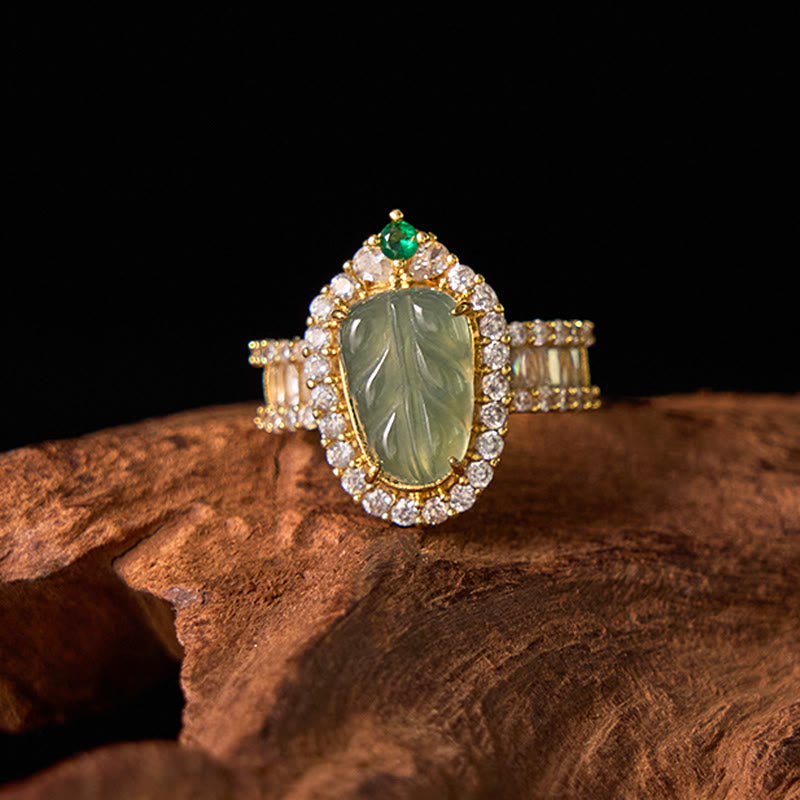 Buddha Stones Copper Plated Gold Natural Jade Leaf Full Diamond Luck Adjustable Ring - image 7