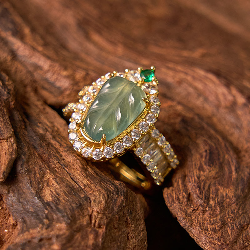 Buddha Stones Copper Plated Gold Natural Jade Leaf Full Diamond Luck Adjustable Ring - image 1