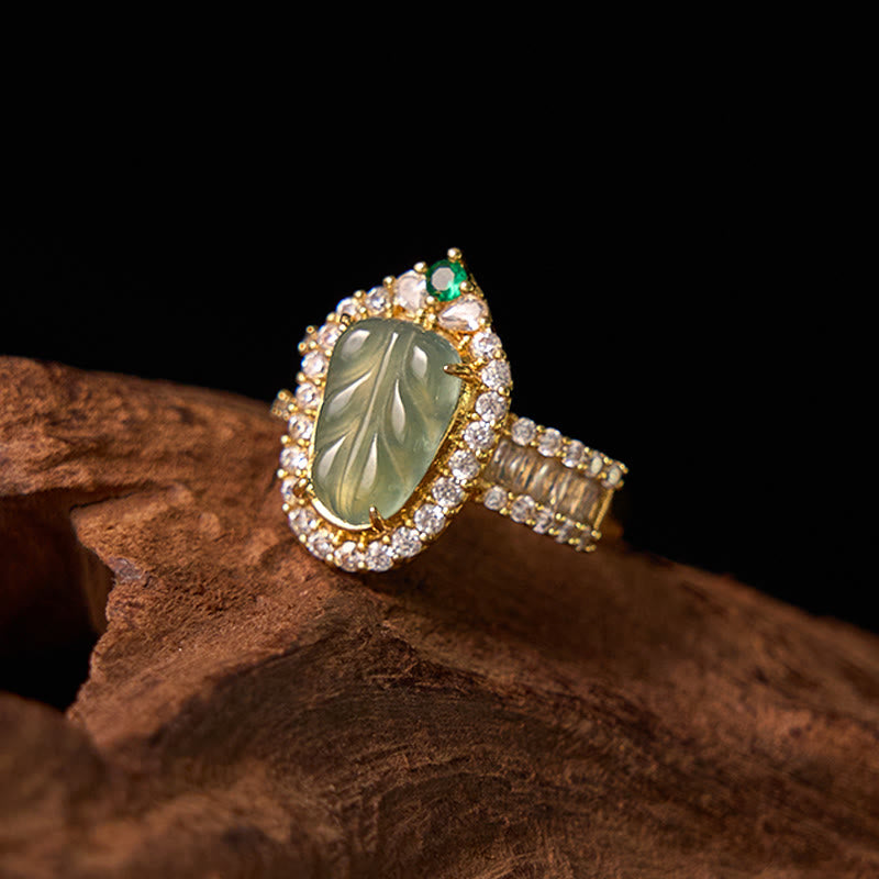 Buddha Stones Copper Plated Gold Natural Jade Leaf Full Diamond Luck Adjustable Ring - image 2