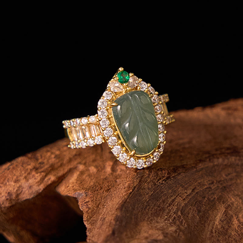 Buddha Stones Copper Plated Gold Natural Jade Leaf Full Diamond Luck Adjustable Ring - image 8
