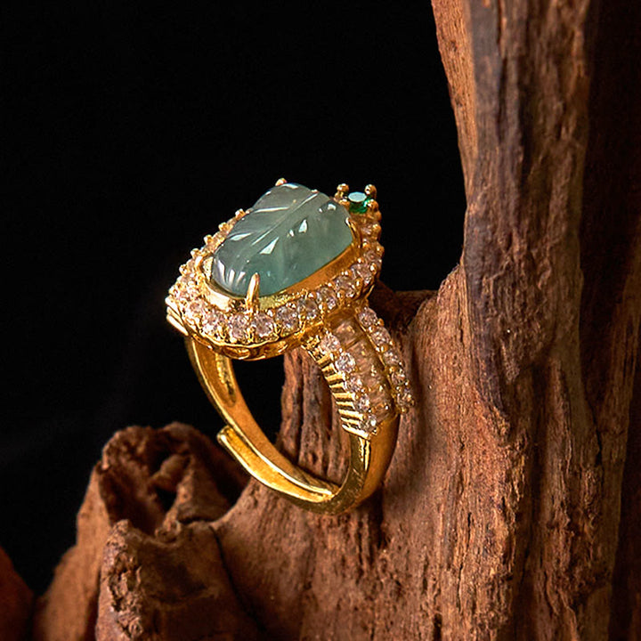 Buddha Stones Copper Plated Gold Natural Jade Leaf Full Diamond Luck Adjustable Ring - image 3