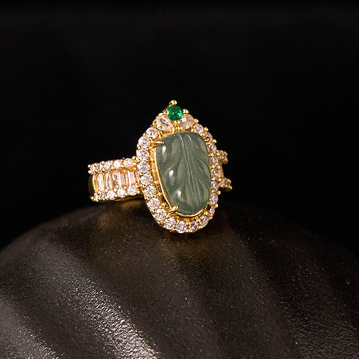 Buddha Stones Copper Plated Gold Natural Jade Leaf Full Diamond Luck Adjustable Ring - image 10