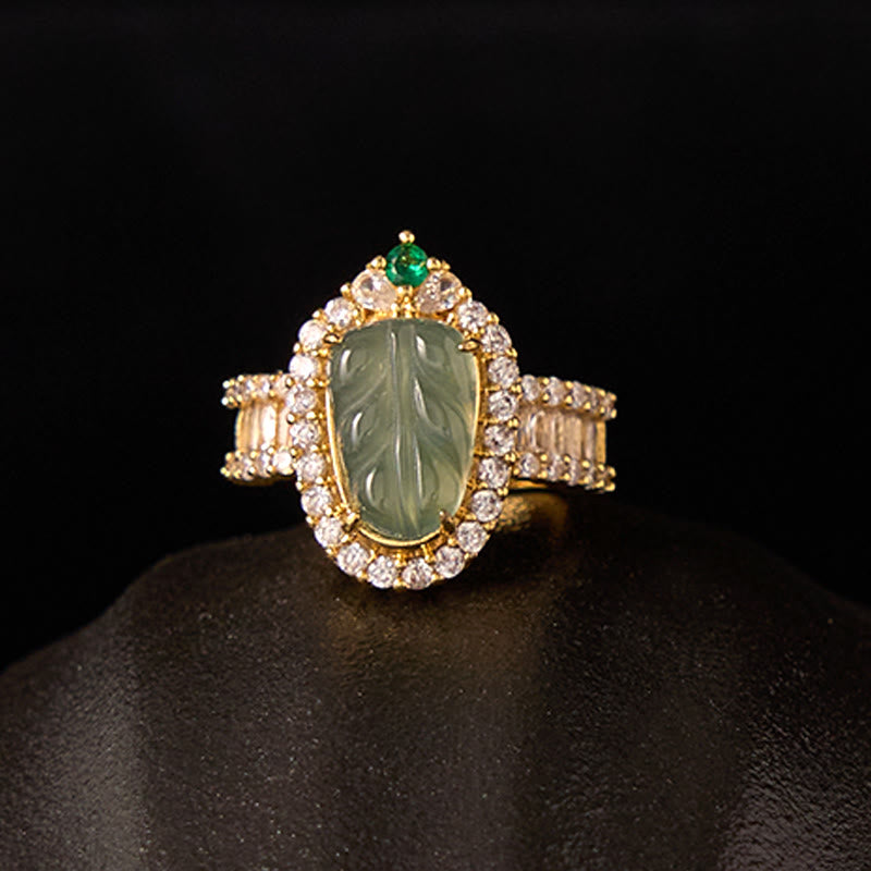 Buddha Stones Copper Plated Gold Natural Jade Leaf Full Diamond Luck Adjustable Ring - image 11