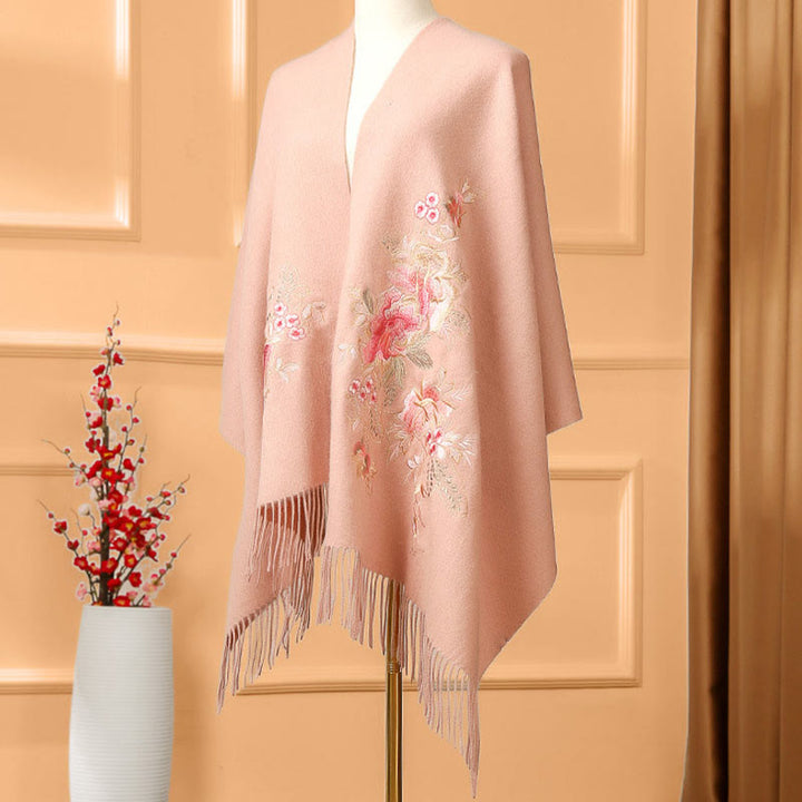 Buddha Stones Wool Shawl Red Flower Leaves Embroidery Tassel Winter Cozy Travel Scarf Wrap - image 1