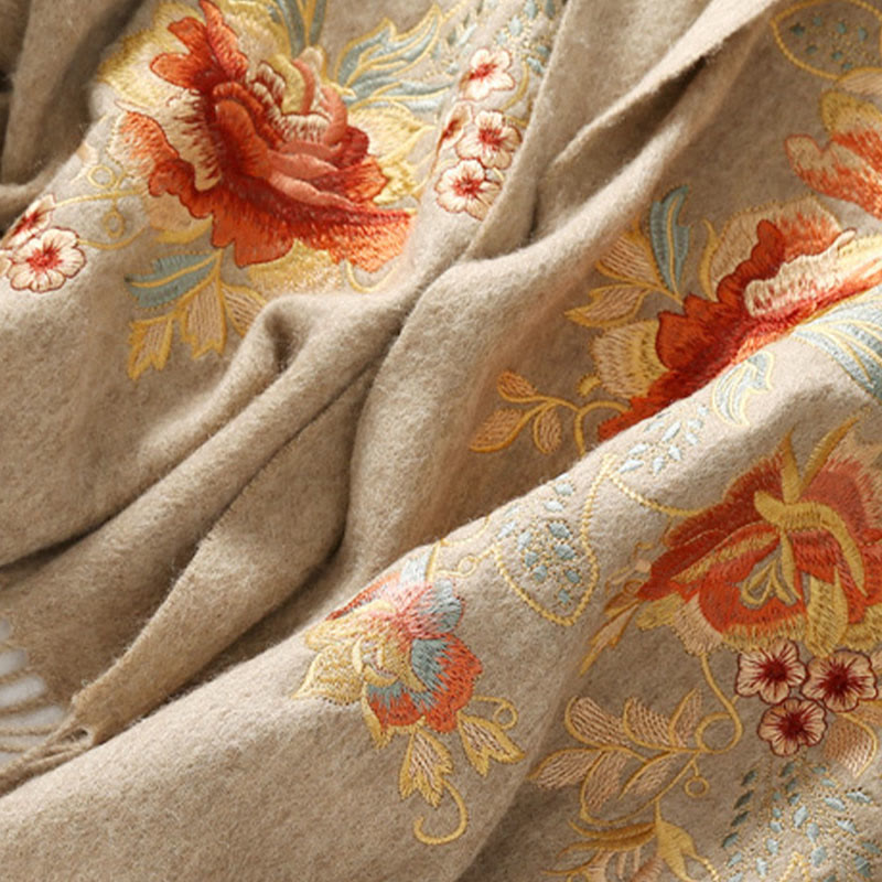 Buddha Stones Wool Shawl Red Flower Leaves Embroidery Tassel Winter Cozy Travel Scarf Wrap - image 8