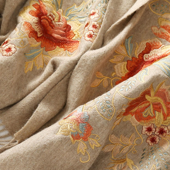 Buddha Stones Wool Shawl Red Flower Leaves Embroidery Tassel Winter Cozy Travel Scarf Wrap - image 8
