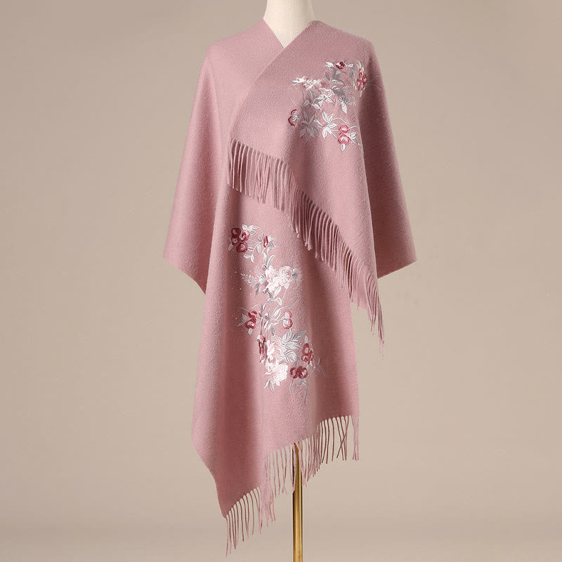 Buddha Stones Wool Shawl Red Flower Silver Leaves Embroidery Tassel Winter Cozy Travel Scarf Wrap - LightPink - 200*60cm - image 6