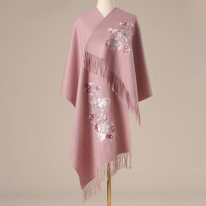 Buddha Stones Wool Shawl Red Flower Silver Leaves Embroidery Tassel Winter Cozy Travel Scarf Wrap - LightPink - 200*60cm - image 6
