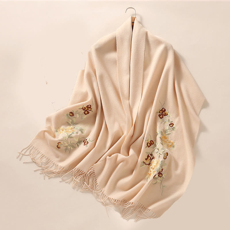Buddha Stones Wool Shawl Red Flower Silver Leaves Embroidery Tassel Winter Cozy Travel Scarf Wrap - image 5
