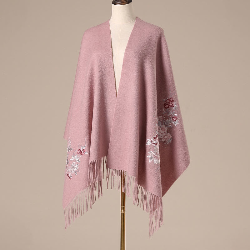 Buddha Stones Wool Shawl Red Flower Silver Leaves Embroidery Tassel Winter Cozy Travel Scarf Wrap - image 7