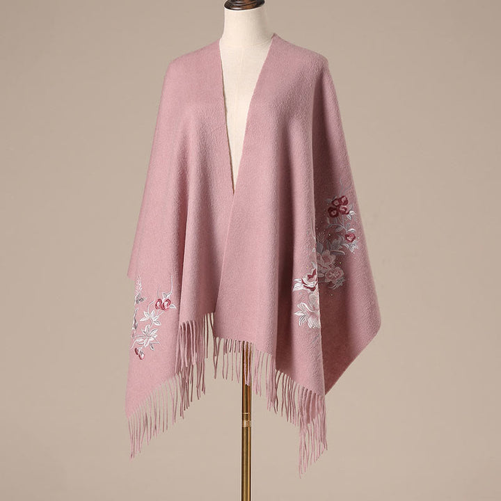 Buddha Stones Wool Shawl Red Flower Silver Leaves Embroidery Tassel Winter Cozy Travel Scarf Wrap - image 7