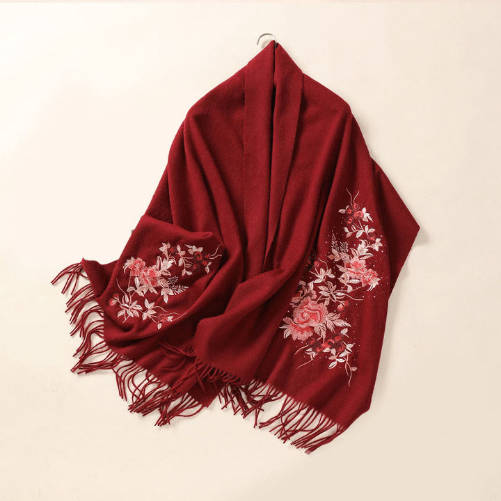 Buddha Stones Wool Shawl Red Flower Silver Leaves Embroidery Tassel Winter Cozy Travel Scarf Wrap - FireBrick - 200*60cm - image 10
