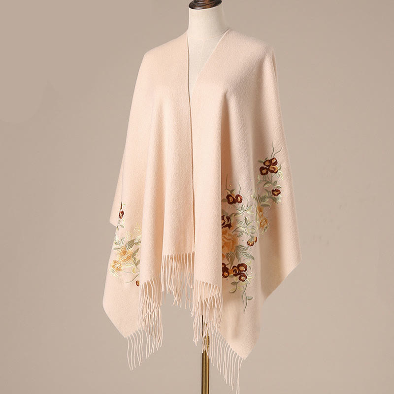 Buddha Stones Wool Shawl Red Flower Silver Leaves Embroidery Tassel Winter Cozy Travel Scarf Wrap - image 1