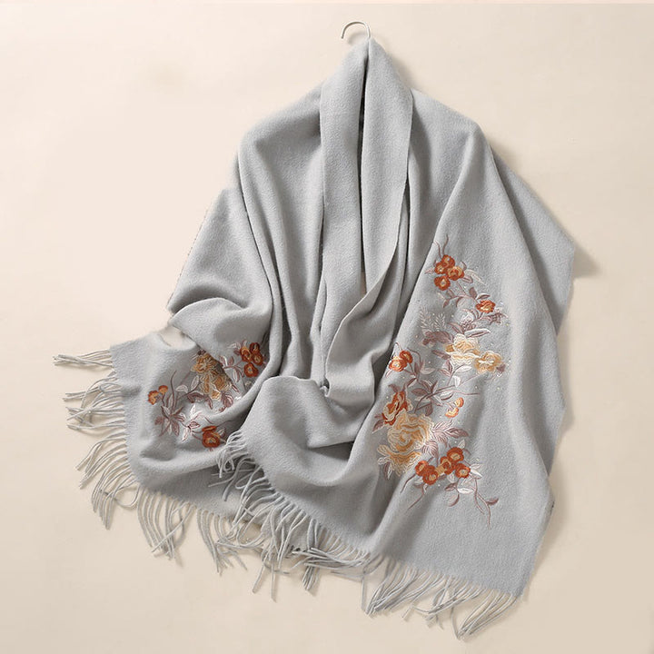 Buddha Stones Wool Shawl Red Flower Silver Leaves Embroidery Tassel Winter Cozy Travel Scarf Wrap - LightGrey - 200*60cm - image 9