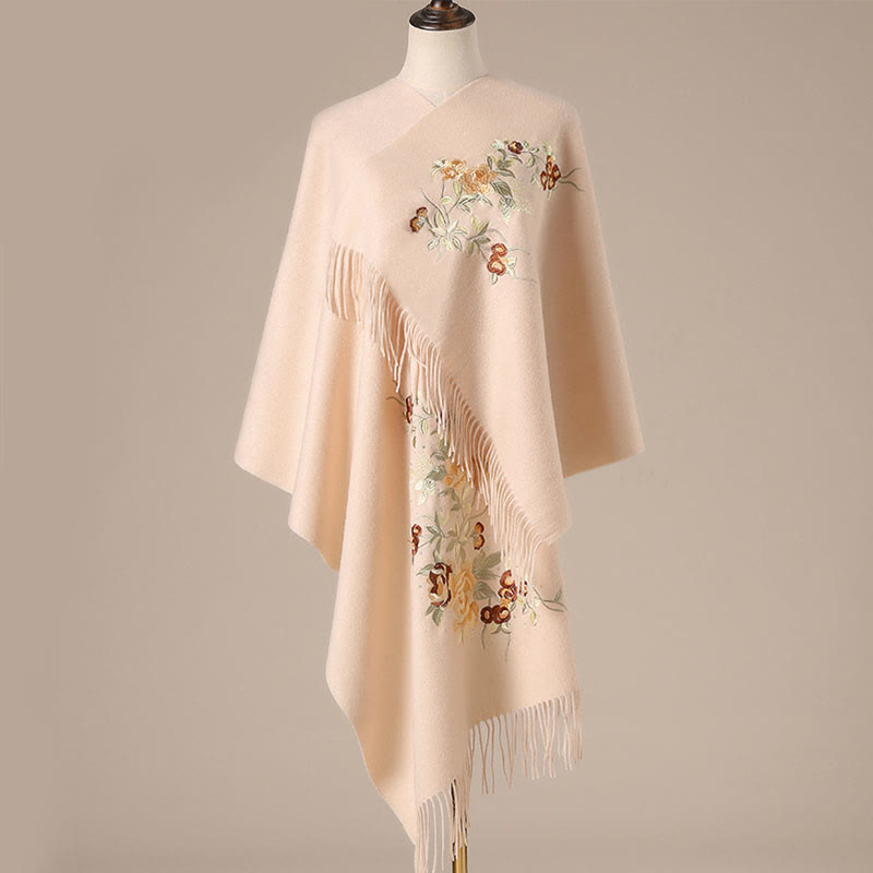 Buddha Stones Wool Shawl Red Flower Silver Leaves Embroidery Tassel Winter Cozy Travel Scarf Wrap - PeachPuff - 200*60cm - image 0