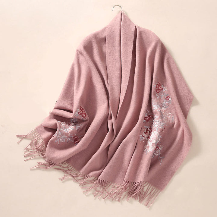 Buddha Stones Wool Shawl Red Flower Silver Leaves Embroidery Tassel Winter Cozy Travel Scarf Wrap - image 8