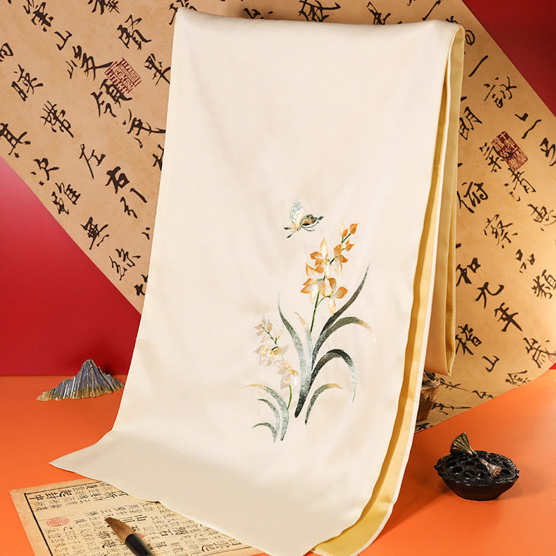 Buddha Stones Polyester Shawl Yulan Butterfly Bamboo Magpie Suzhou Embroidery Winter Cozy Travel Scarf Wrap - PapayaWhip Yulan Butterfly 183*32cm - image 7