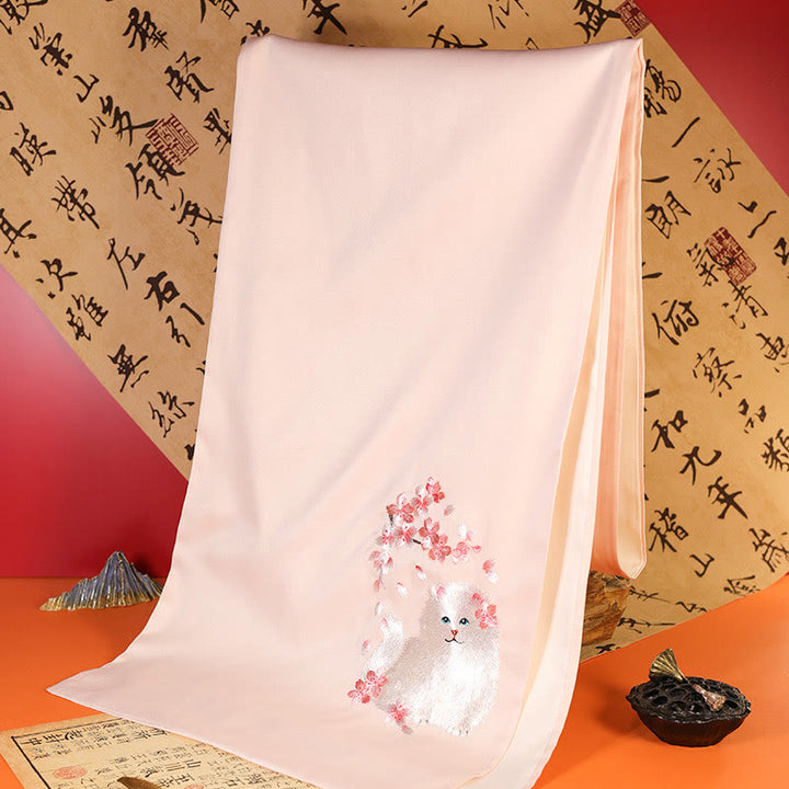 Buddha Stones Polyester Shawl Yulan Butterfly Bamboo Magpie Suzhou Embroidery Winter Cozy Travel Scarf Wrap - MistyRose Cherry Blossom Cat 183*32cm - image 10