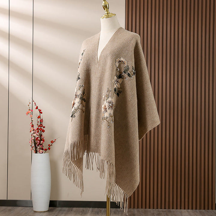 Buddha Stones Wool Shawl White Orange Flower Embroidery Tassel Winter Cozy Travel Scarf Wrap - image 3