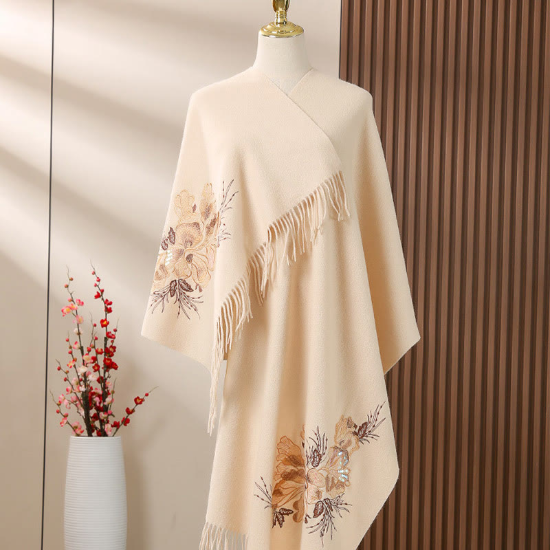 Buddha Stones Wool Shawl Flower Sequin Embroidery Tassel Winter Cozy Travel Scarf Wrap - PeachPuff - 200*60cm - image 6