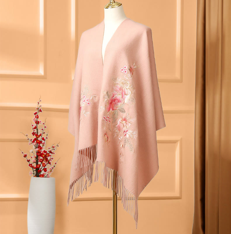 Buddha Stones Wool Shawl Red Pink Flower Embroidery Tassel Winter Cozy Travel Scarf Wrap - image 7