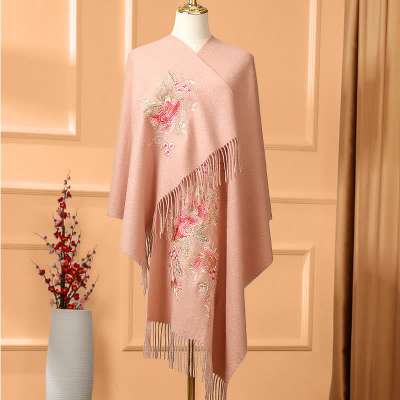 Buddha Stones Wool Shawl Red Pink Flower Embroidery Tassel Winter Cozy Travel Scarf Wrap - LightSalmon - 200*60cm - image 6