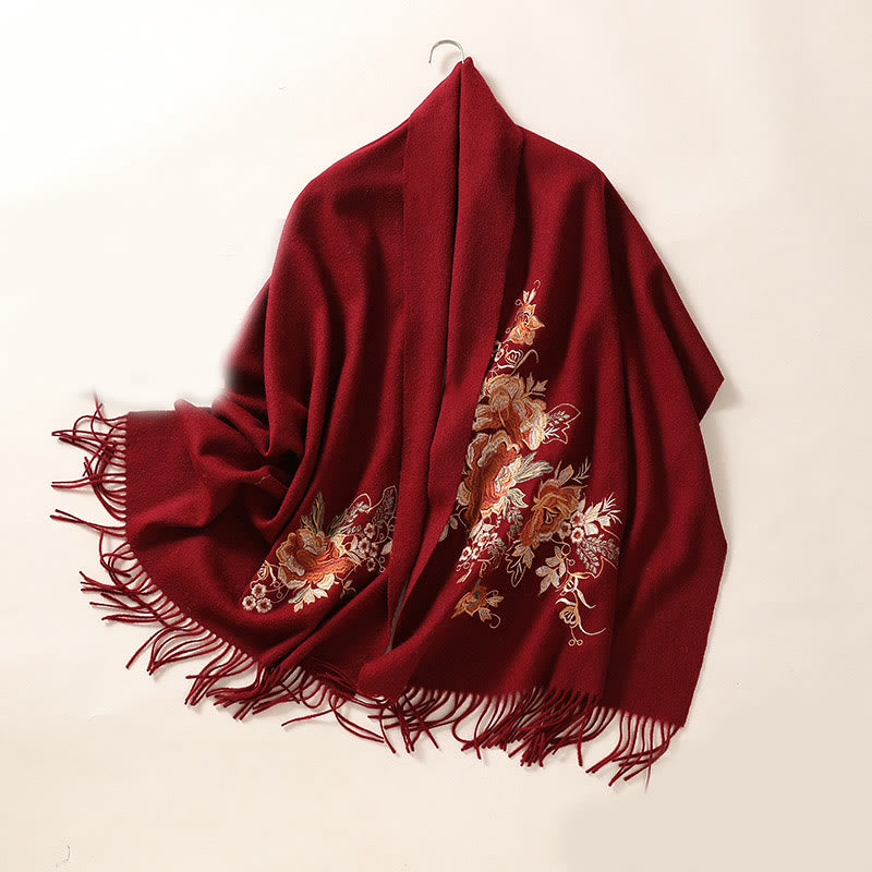 Buddha Stones Wool Shawl Red Pink Flower Embroidery Tassel Winter Cozy Travel Scarf Wrap - FireBrick - 200*60cm - image 11