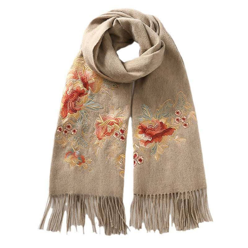 Buddha Stones Wool Shawl Red Pink Flower Embroidery Tassel Winter Cozy Travel Scarf Wrap - image 4