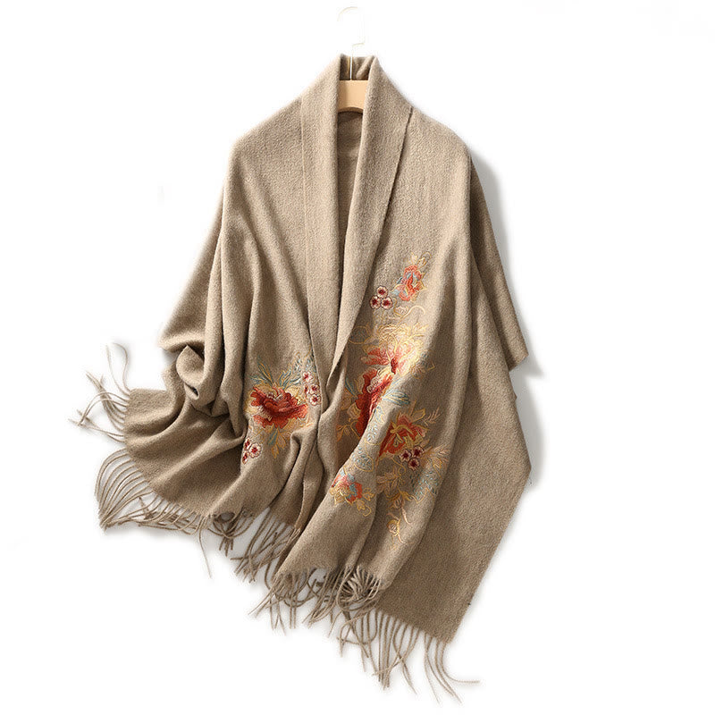 Buddha Stones Wool Shawl Red Pink Flower Embroidery Tassel Winter Cozy Travel Scarf Wrap - image 5